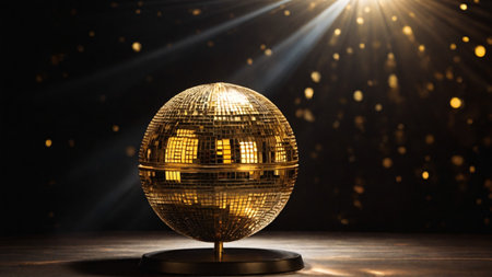 gold disco ball on a black bokeh light background. 3d illustration. 3d renderの素材