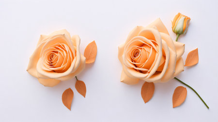 Orange rose on white background. Flat lay, top view, copy space.の素材