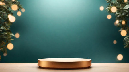 Golden podium on wooden table and green background, bokeh light, 3d renderの素材