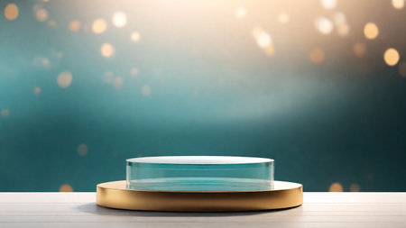 Round crystal podium on the blue bokeh background 3d renderの素材