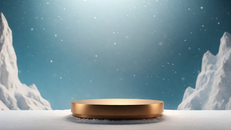 Golden podium on snow with snowflake iceberg background. 3d renderの素材