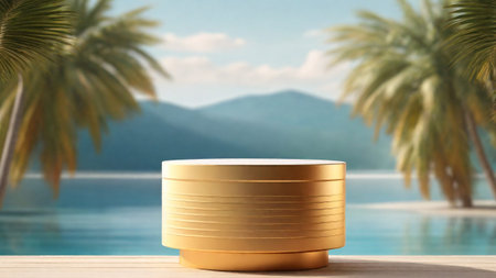 golden cosmetic podium on wooden table with palm trees and sea backgroundの素材