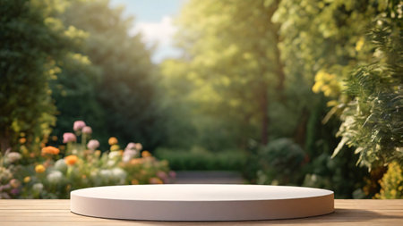 3d render of white round podium on wooden table in the garden with sunnyの素材