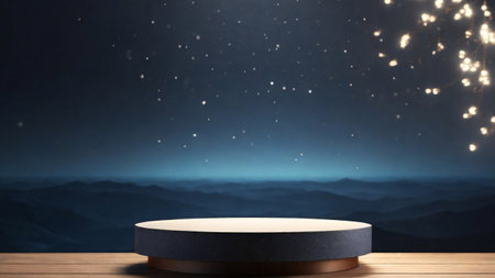 Abstract 3d rendering of black podium on wooden surface with night sky backgroundの素材
