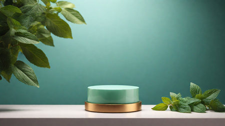 Minimalist product display podium with mint leaves on green background.の素材