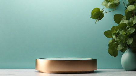 Mint leaves in vase and round gold podium on white wooden table.の素材