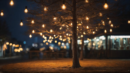 warm glowing bulb string lights, giving off a cozy, festive atmosphere, outdoor dining social areaの素材