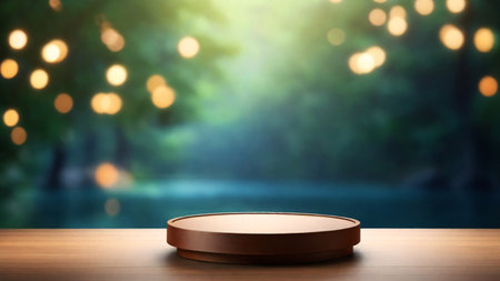 Empty round podium on wooden table and bokeh background. Mock up, 3D Renderの素材