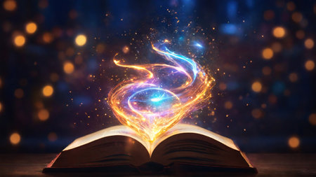 Open book with glowing magic bokeh on dark background.の素材