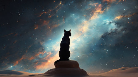 cat sitting on a rock in the starry sky, illustration, wallpaper, gift card, bannerの素材