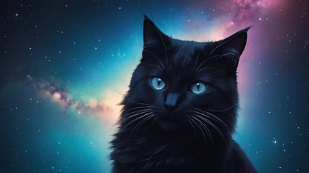 Black cat with blue eyes against the background of the starry skyの素材
