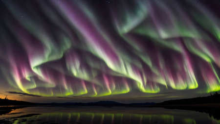 Aurora light, northern lights in the sky over lake, night, panoramic, banner wallpaperの素材