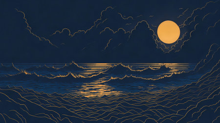 Sunset over the sea with waves and clouds. dusk tone illustrationの素材