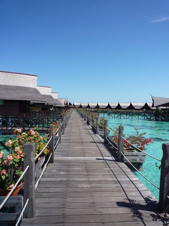 Walkway at tropical resort of Kapalai on Malaysian Borneoの写真素材