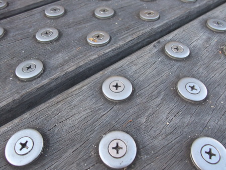 Closeup of wood flooring with metal anti slipの写真素材