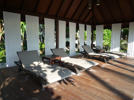 Beach chairs and cabanaの写真素材