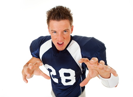 Caucasian American football player, in uniform, isolated on white, with various related props.の写真素材