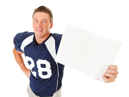 Caucasian American football player, in uniform, isolated on white, with various related props.の写真素材