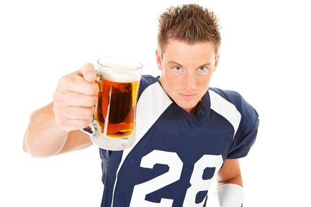 Caucasian American football player, in uniform, isolated on white, with various related props.の写真素材