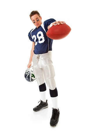 Caucasian American football player, in uniform, isolated on white, with various related props.の写真素材
