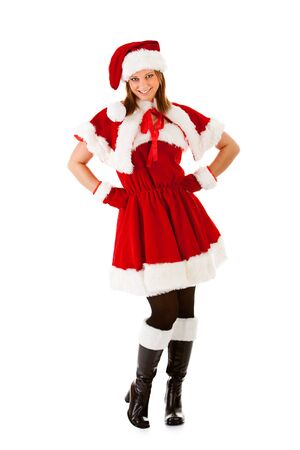 Caucasian female dressed in a cute Santa elf outfit.の写真素材