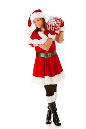 Caucasian female dressed in a cute Santa elf outfit.の写真素材