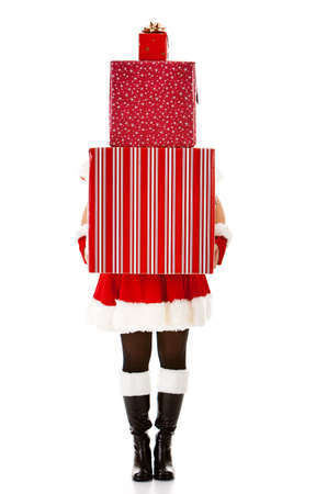 Caucasian female dressed in a cute Santa elf outfit.の写真素材