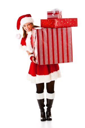 Caucasian female dressed in a cute Santa elf outfit.の写真素材