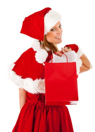 Caucasian female dressed in a cute Santa elf outfit.の写真素材