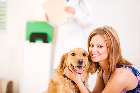Series set in a Veterinarian's office, with a dog, cat, rabbit and a Caucasian veterinarian and customer.の写真素材