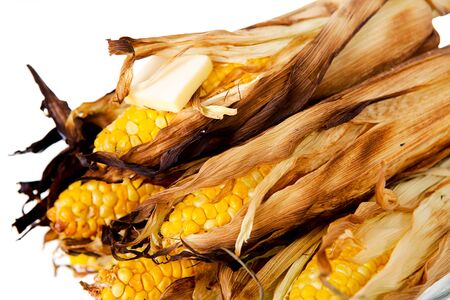 Series with lots of summertime food - beer on ice, grilled corn, hot dogs and watermelon.  Isolated on white background.の写真素材