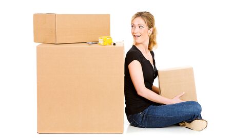 Boxes: Woman Looking Back At Shipping Boxesの写真素材