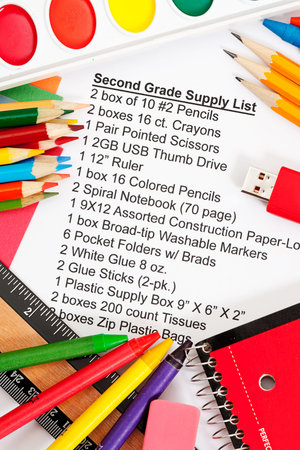 Series with school supplies list - pencils, eraser, supply sheet, scissors, paints, etc.  Different...