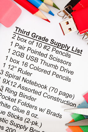 Series with school supplies list - pencils, eraser, supply sheet, scissors, paints, etc.  Different...