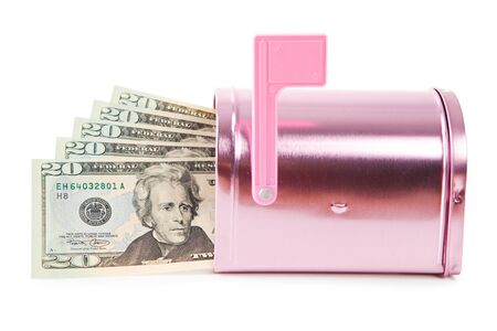 A pink Valentine holiday mailbox with various decorations.の写真素材