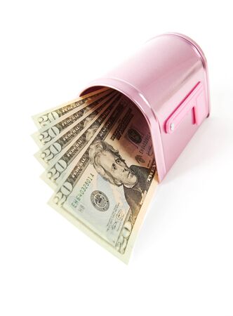 A pink Valentine holiday mailbox with various decorations.の写真素材