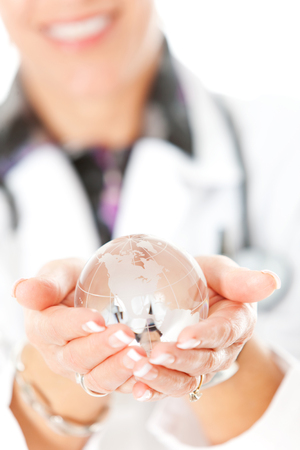 Isolated on white series featuring a Caucasian female doctor and a male patient in a variety of poses with props.の写真素材