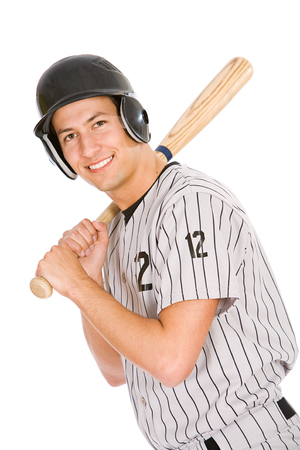 Isolated on white series of two men in baseball uniforms, in various poses with props.の写真素材
