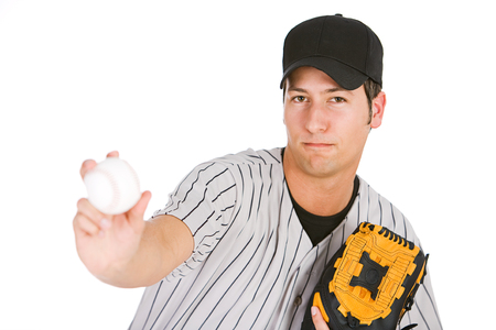 Isolated on white series of two men in baseball uniforms, in various poses with props.の写真素材