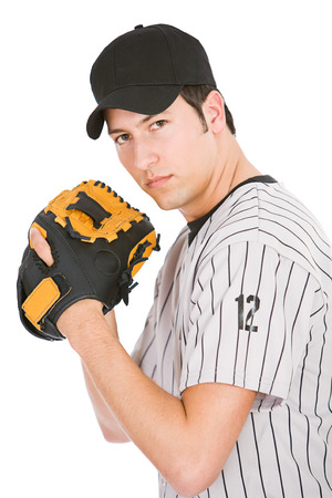 Isolated on white series of two men in baseball uniforms, in various poses with props.の写真素材