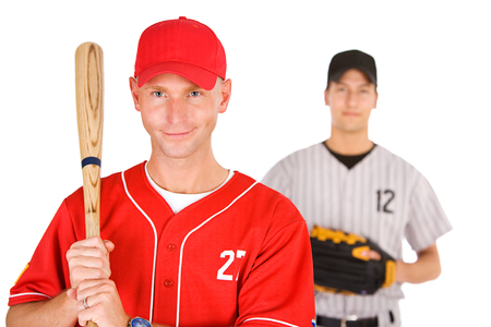 Isolated on white series of two men in baseball uniforms, in various poses with props.の写真素材