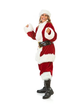 Woman dressed in Santa Claus outfit on white background in various poses.の写真素材
