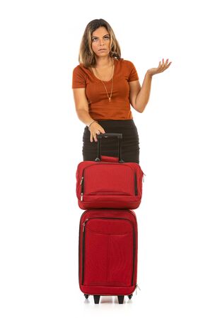 Woman in casual business outfit on white background in various poses.の写真素材