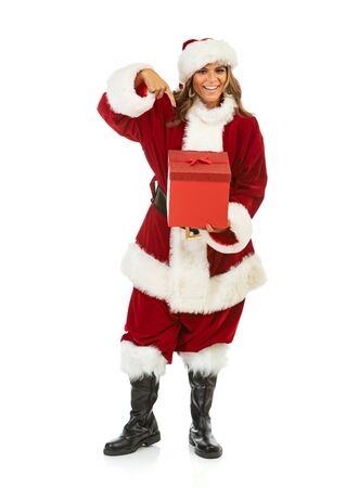 Woman dressed in Santa Claus outfit on white background in various poses.の写真素材