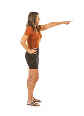 Woman in casual business outfit on white background in various poses.の写真素材