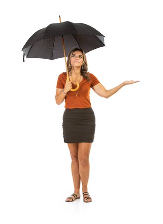 Woman in casual business outfit on white background in various poses.の写真素材