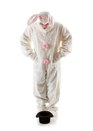 Isolated on white humorous series of a man in a fuzzy bunny suit.  Good for Easter or ironic situations.の写真素材