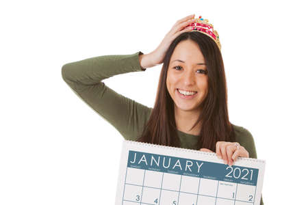 Series with a young man and woman celebrating New Year's Eve, some with 2016 as the subject, isolated on white.の写真素材