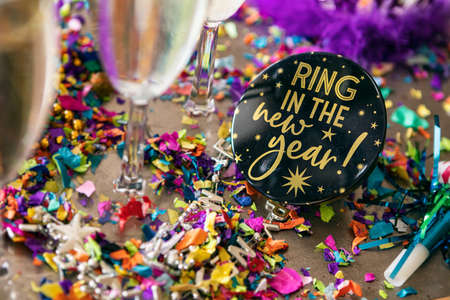 Colorful series with confetti, party favors and champagne.の写真素材
