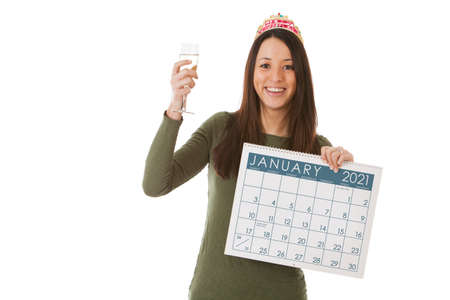 Series with a young man and woman celebrating New Year's Eve, some with 2016 as the subject, isolated on white.の写真素材